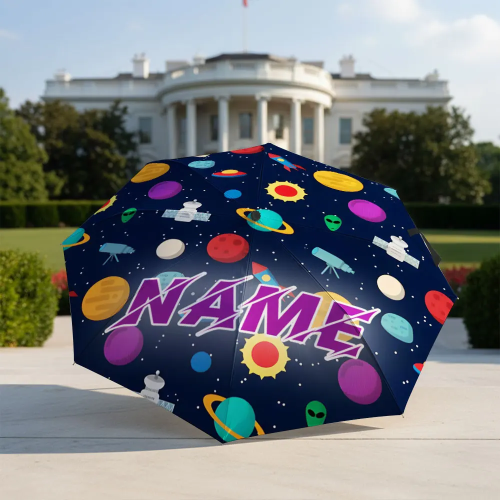 Custom Name umbrella, Outer Space Themed Planets & Rockets Design Fashion Folding Umbrella for Sunny and Rainy Days, Gift