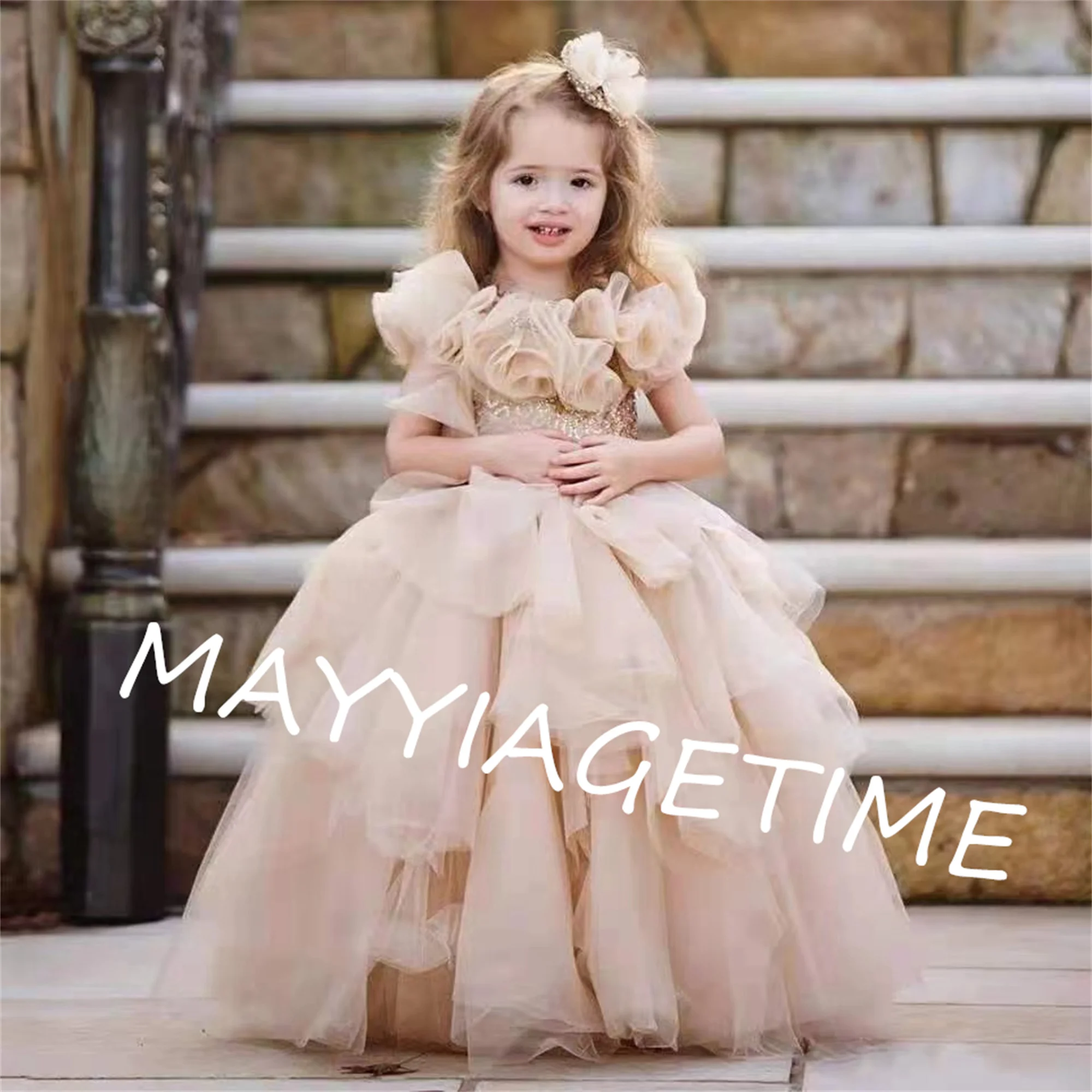 

Gorgeous Short Sleeves Flower Girl Dresses For Kid Pageant Party Gown For Wedding Pleated 2023 Elegant Birthday Vestido Niña