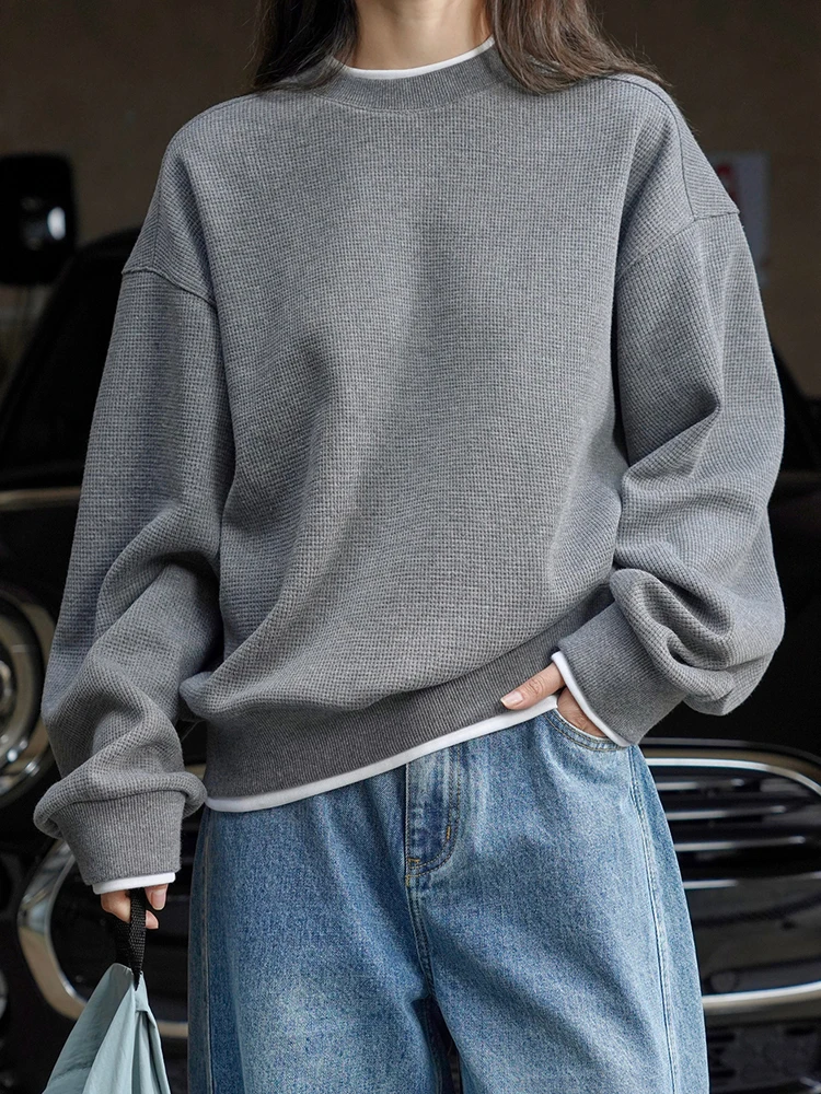 [EAM] Gray Color-block Casual Sweatshirt New Round Neck Long Sleeve Women Big Size Fashion Tide Spring Autumn 2023 1DH4967