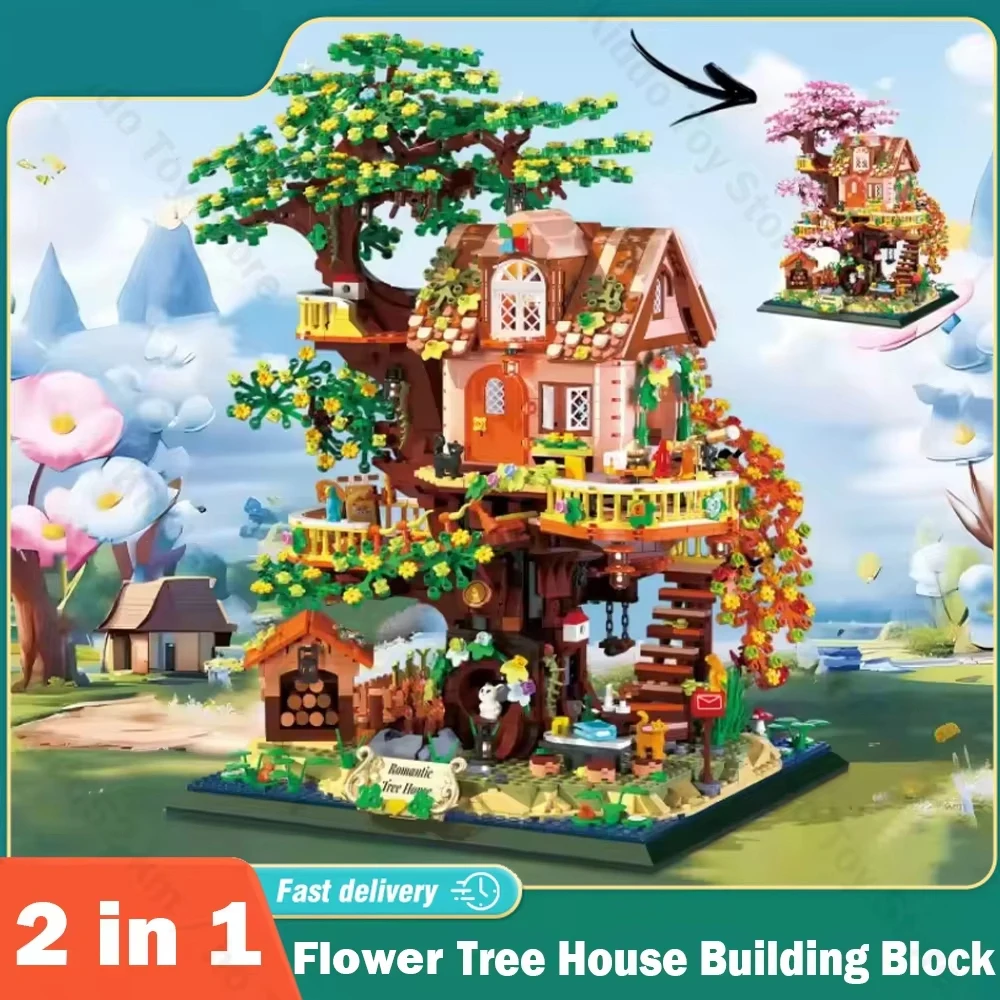 

2in1 Tree House Building Block Tree House Model Mini Particle Bricks Assembly Street View Decor Toys for Kids Xmas Gift