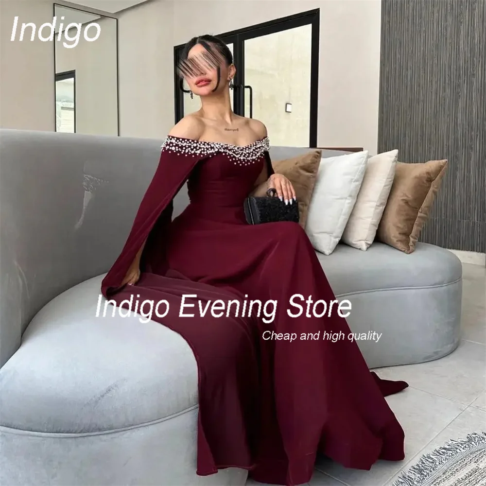 Indigo Mermaid Evening Dresses Off The Shoulder Beading Strapless Floor-Length Crepe Prom Gown Formal  فساتين السهرة Customized