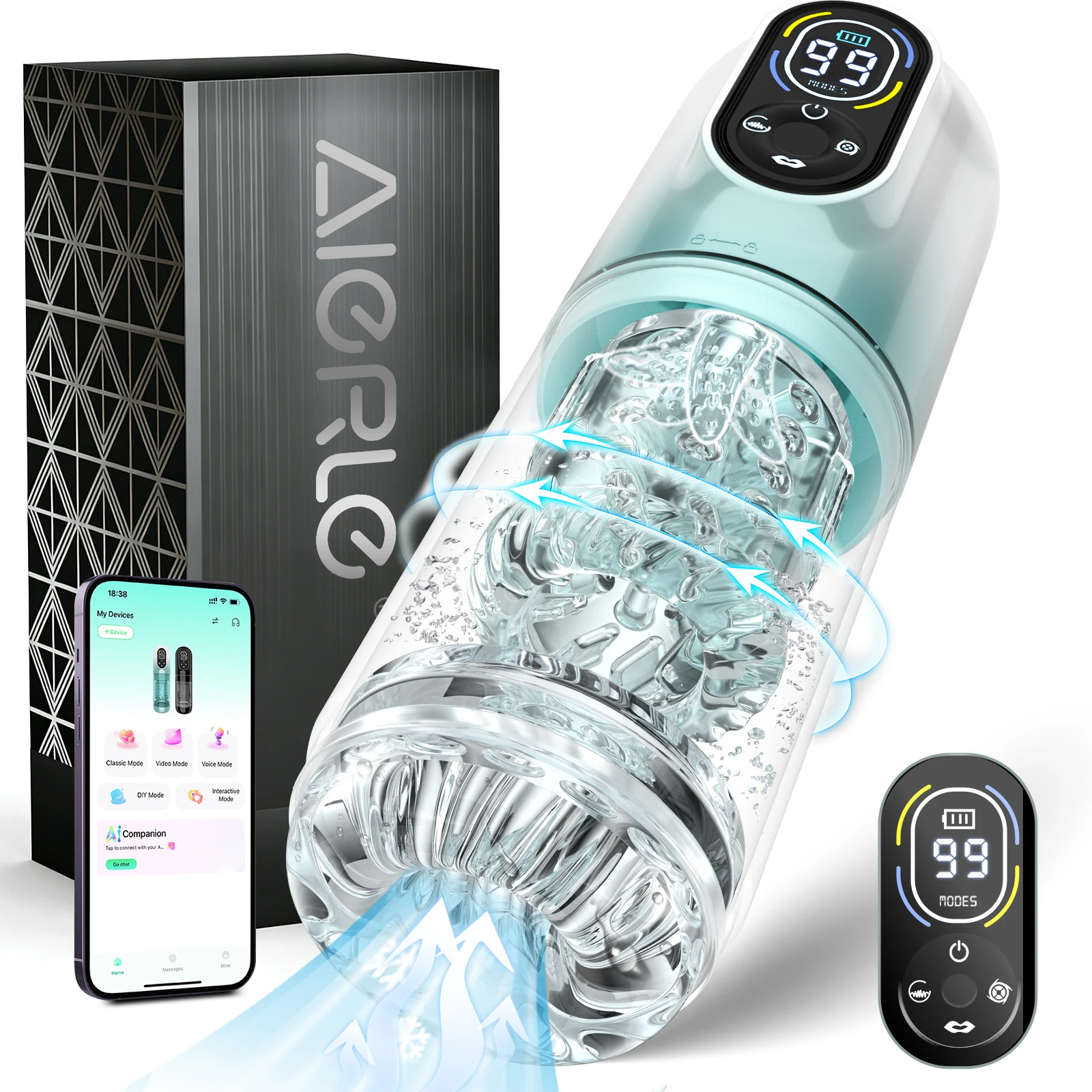 AIERLE APP Control Automatic Male Masturbator 9Vibrating Thrusting Rotation Sucking Licking Function LED Display Sex Toy for Men