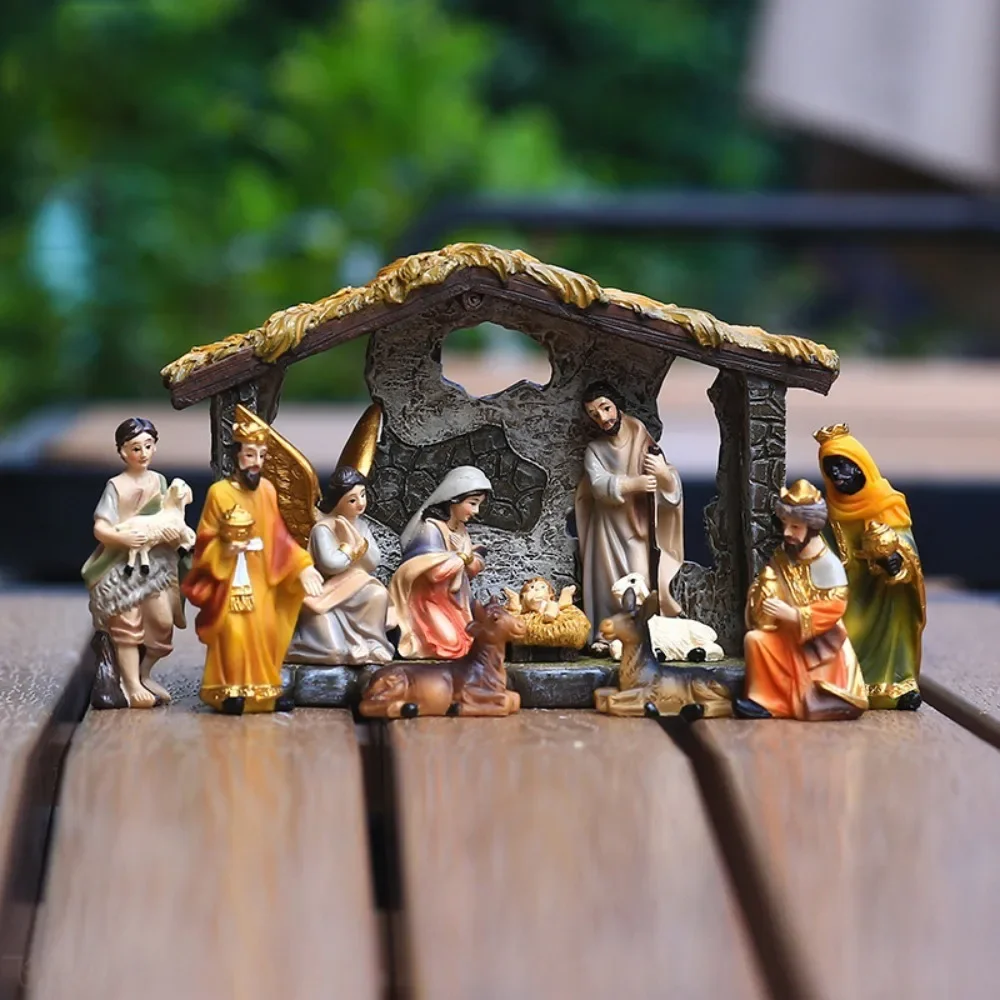 2024 New Resin Handpainted Nativity Figurine Nativity Scene Statue Set Religious Worship Home Decor