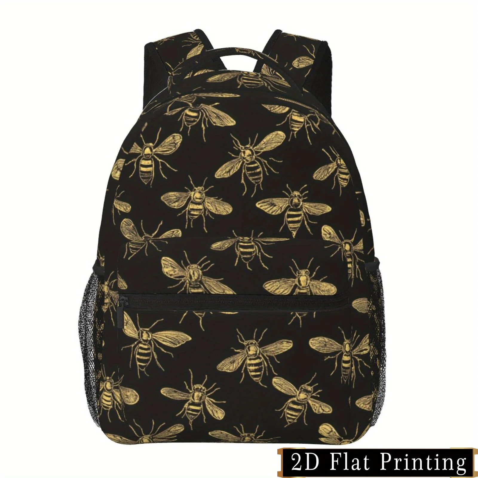 Black background bee print pattern, shoulder and waist protection design backpack fashionable iPad laptop bag large capacity