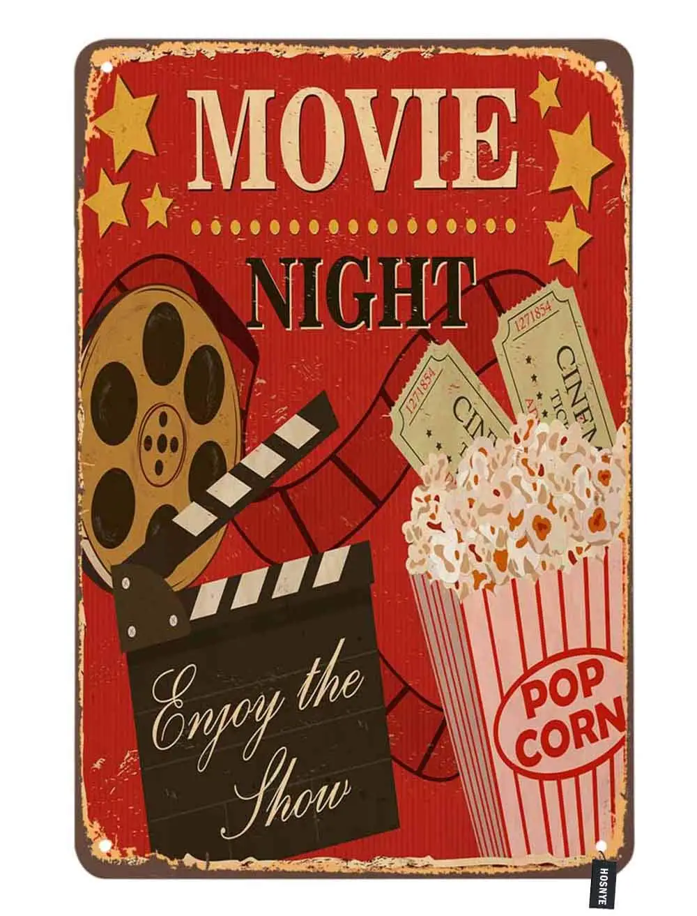 HOSNYE Movie Night Poster Tin Sign Enjoy The Show with Popcorn Red Background Vintage Metal Tin Signs for Men Women Wall Art Dec