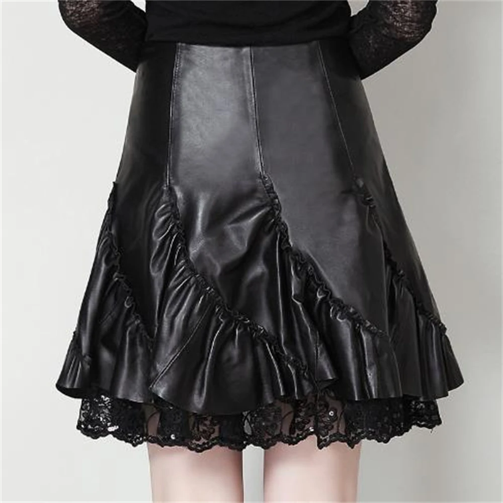 Women Leather Skirt Autumn Fashion Winter New Pu Leather Slim Puff Skirts Pleated Skirt Lace Winter S-3XL