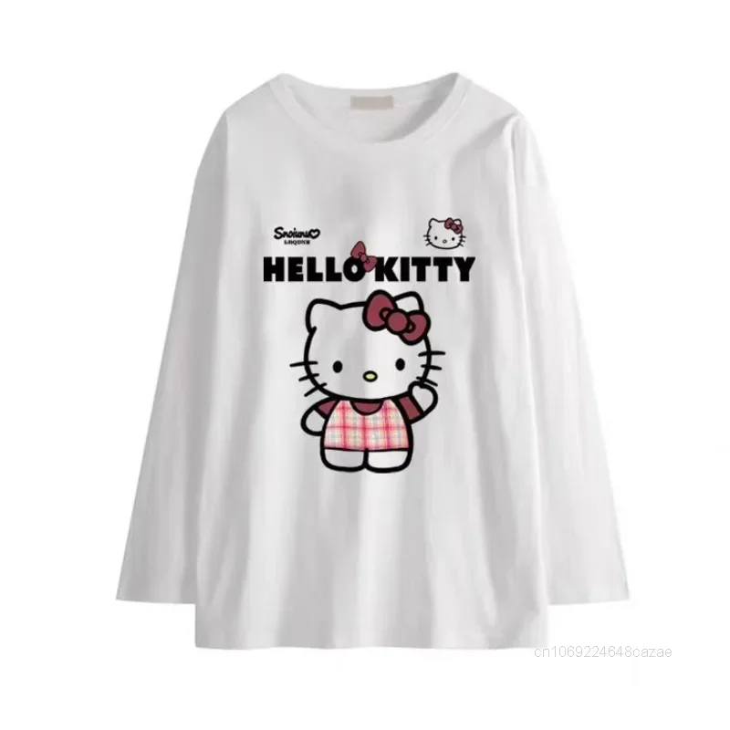 Sanrio Hello Kitty Cute Sweet Cartoon Long Sleeve T-shirt Women New Autumn Loose Casual Top American Style Simple Versatile Tees