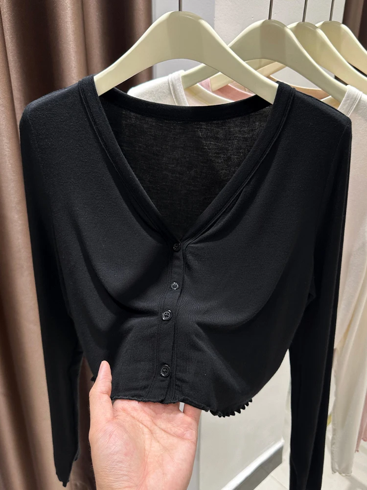 

Черный тонкий летний кардиган с длинными рукавами для женщин, накидка-пальто из модала, легкая накидка-туника