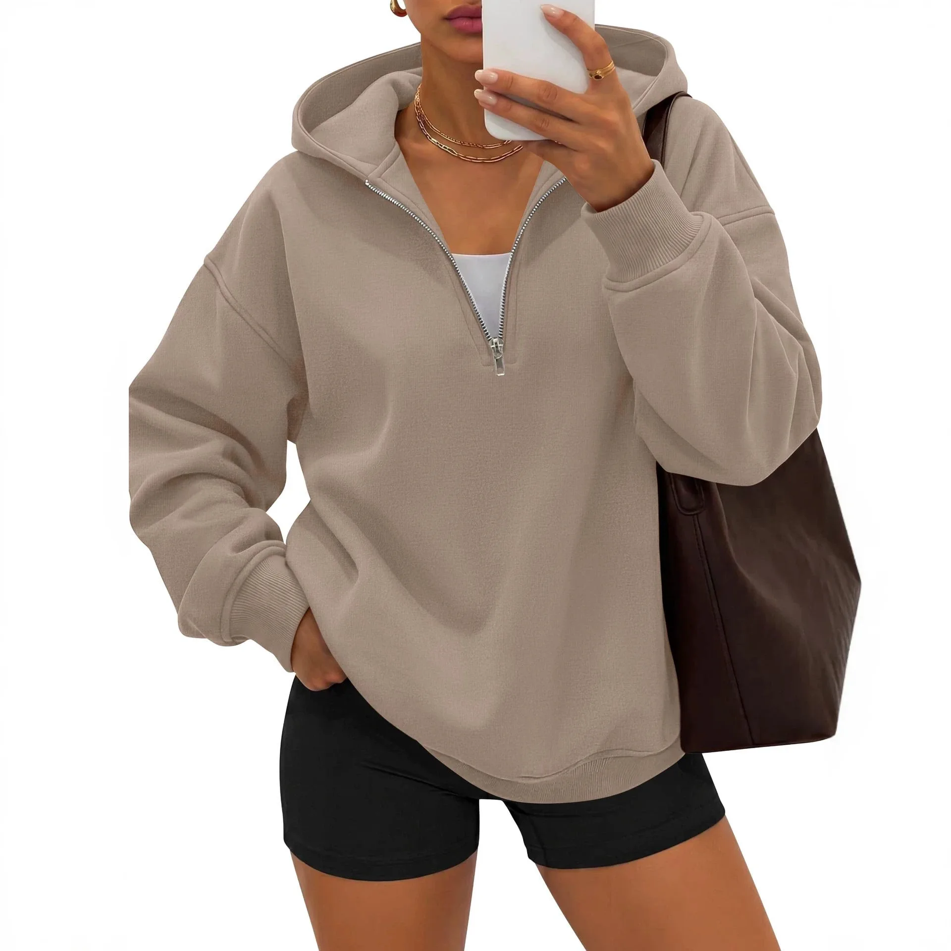 New Women's Half Zip Hoodie Long Sleeve Loose Fit Soft Comfortable Versatile Trendy Casual Commute Daily Wear Hooded Sweatshirt