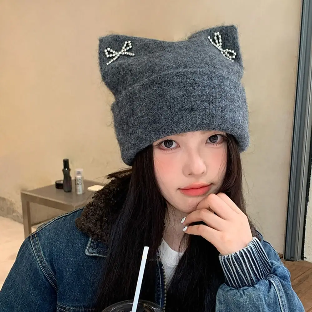 

Harajuku Sweet Cool Cat Ears Beanie Hat Fluffy Ear Protection Knitted Pullover Hat Streetwear Bow Winter Wool Hat Girls