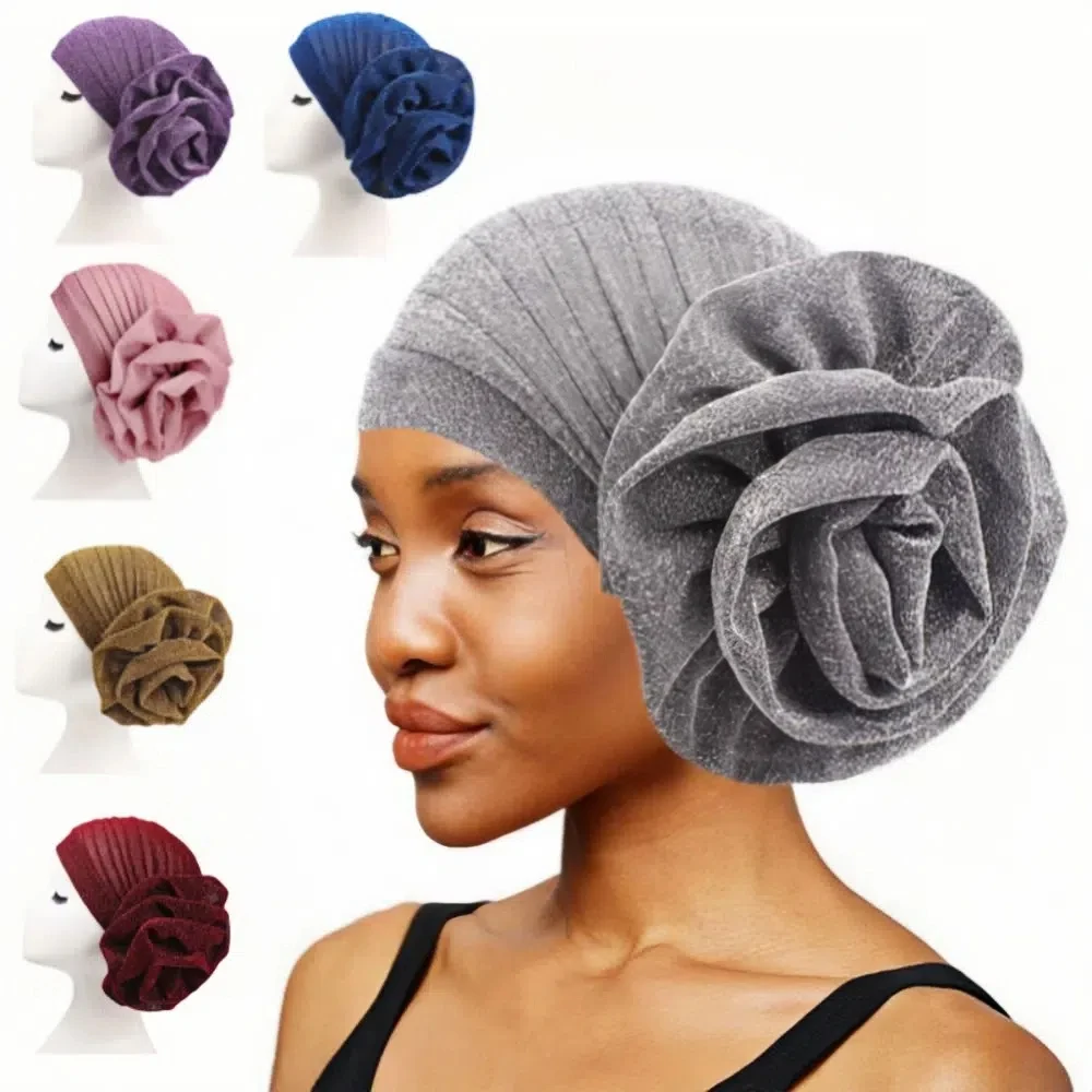 

Fashion Raw Silk African Turban Caps Big Rose Flower Breathable Head Wraps Headwear Lightweight Bonnet Party Headgear