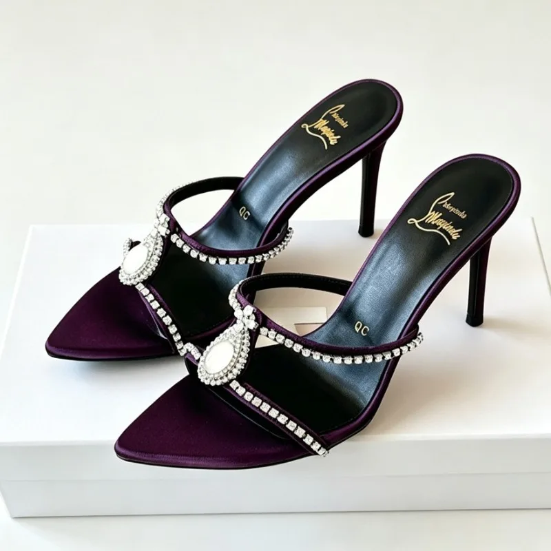 

Luxury Rhinestone Slingback Heeled Sandals Women Satin Pointed Toe Mules Banquet Dress Shoes Stiletto Heels Slippers Female