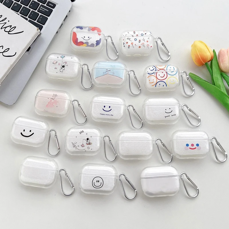 

Smile Face Printed Earphone Case for Apple AirPods 1 2 Air Pods Pro Transparent Cover with Keychain for airpods 3 Air Pods Pro 2