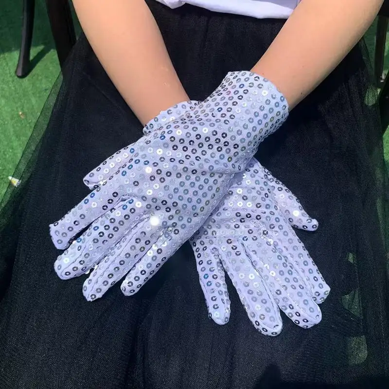 1 Paar silberne glänzende Netz-Handschuhe, glitzerndes Tanzkostüm-Zubehör für Bühnenauftritte, Party-Outfit, Halloween, Cosplay, Damen – Detail 4
