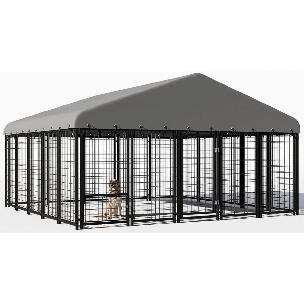

120"x118" Dog Kennel Outside, Large Outdoor Dog Kennel with Feeding Door and Double Lock, Heavy-Duty Weatherproof Dog Cage and D