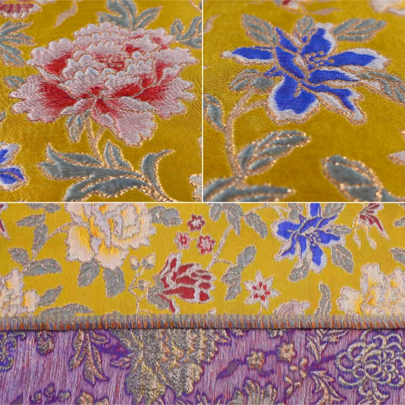 

L100cm X W150cm Chinese Style Jacquard Brocade Fabric Golden Peony Print Lustrous Wedding Cheongsam Dress Designer DIY Material