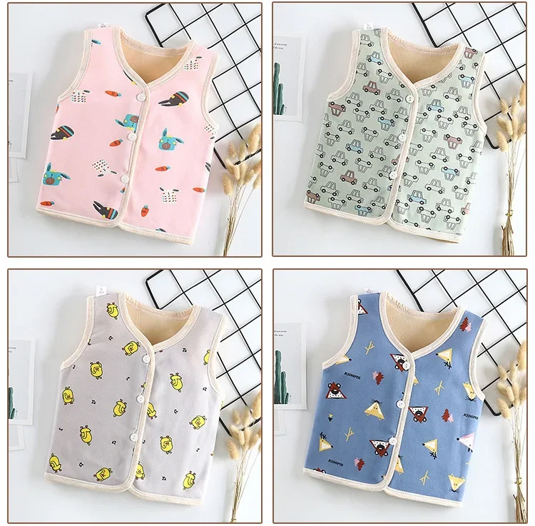 Autumn Winter New Double-sided Baby Kids Vests Plush Thickened Children Boys Outerwear Vest Cartoon Cute Girls Infant Waistcoats