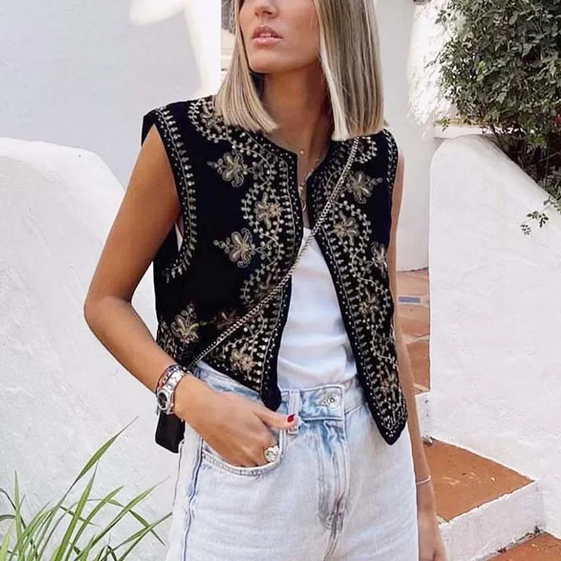 TEELYNN Vintage Sequins Floral Embroidery Vests Coat Women Jacket Boho O-neck Sleeveless Short Velvet Vest Tops Casual Waistcoat