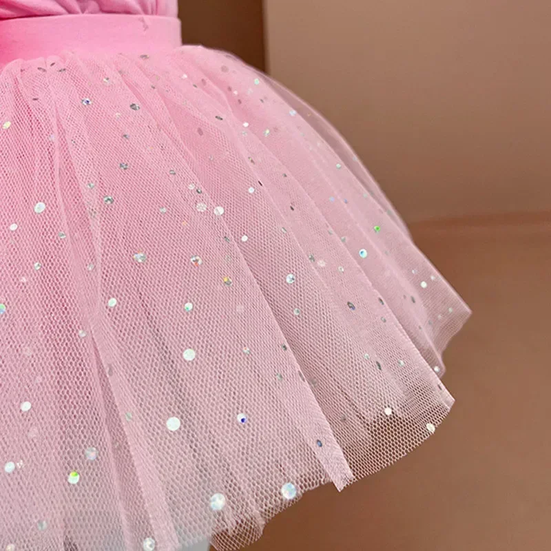 

Girls Dance Ballet Leotards Short Ruffle Sleeve Criss Cross Straps Back Shiny Sparkle Tutu Skirt Rhythmic Gymnastics Dress Fairy