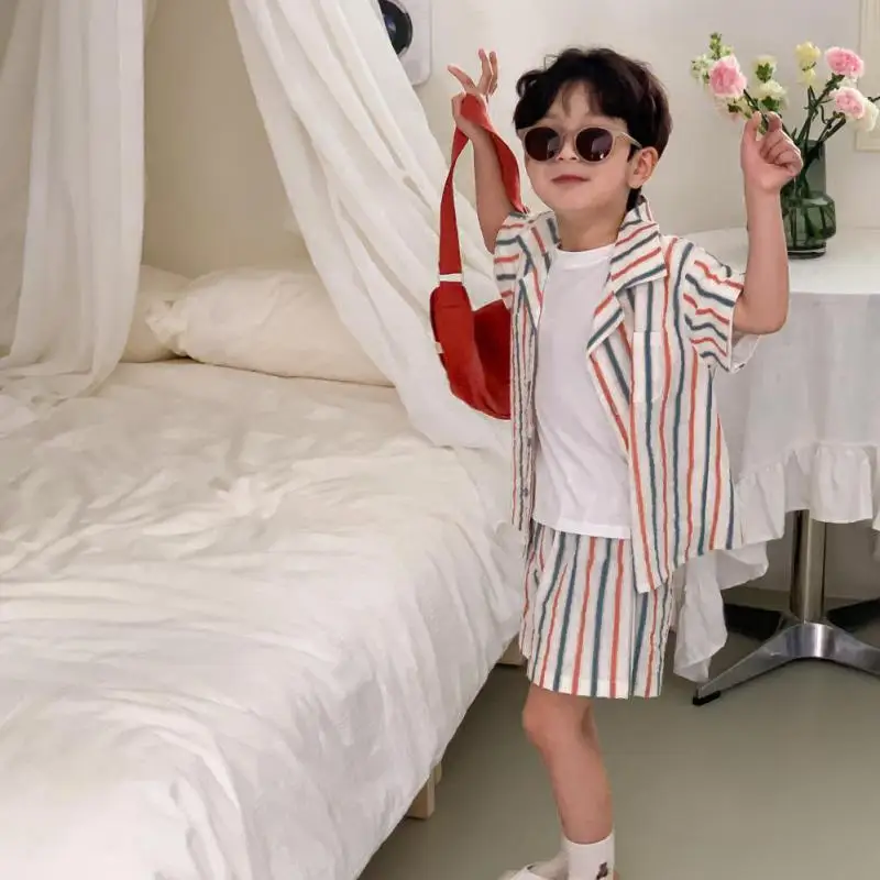 Cárdigan fino a rayas y pantalones cortos de algodón para niños, conjunto Simple, chaleco suave y transpirable, vestido suelto para bebé