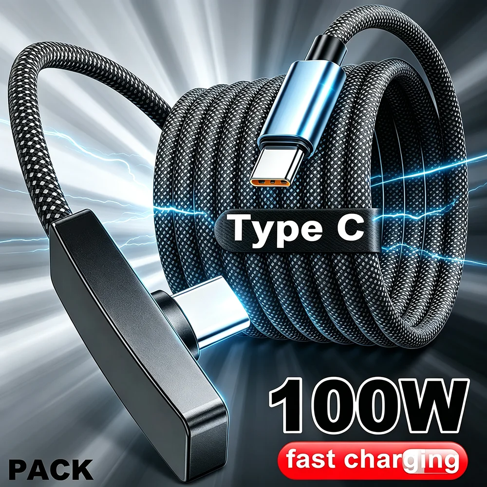 90 Degree Right Angle Type C to Type C Cable 100W PD Fast Charging Nylon Braided Data Cord For iPhone Samsung Xiaomi Huawei