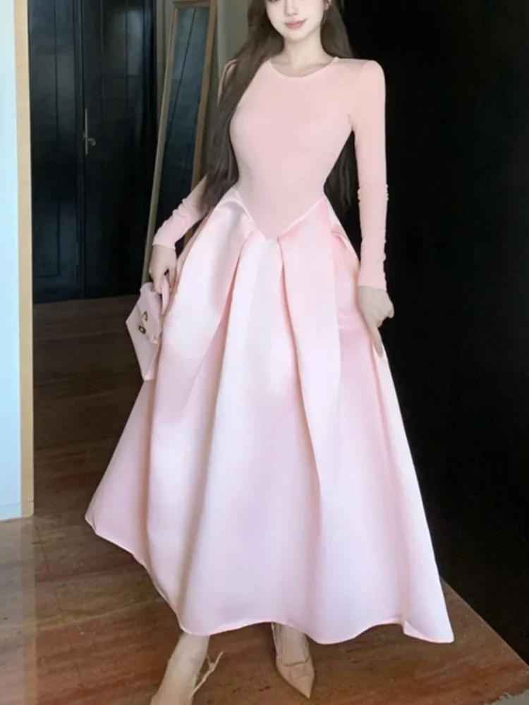 Vintage French Knit Spliced Long Dress Woman Autumn Slimming O Neck Evening Party Dresses Wedding Graduation Prom Female Clothes