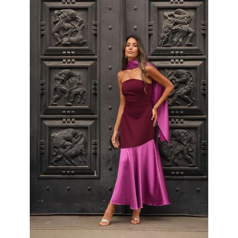 Mode Satijn Gesplitste Sjaal Kraag Skinny Lange Jurk Vrouwen Elegante Backless Mouwloze Strapless Vestido Chic Lady Avondjurken