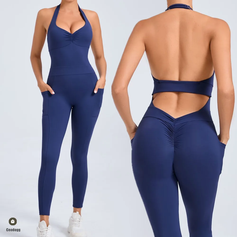 Pad Push Up Sports Pocket Yoga Set Women Sportswear One Piece Jumpsuit Gym Workout Legging Backless Scrunch Fitness Active Suit