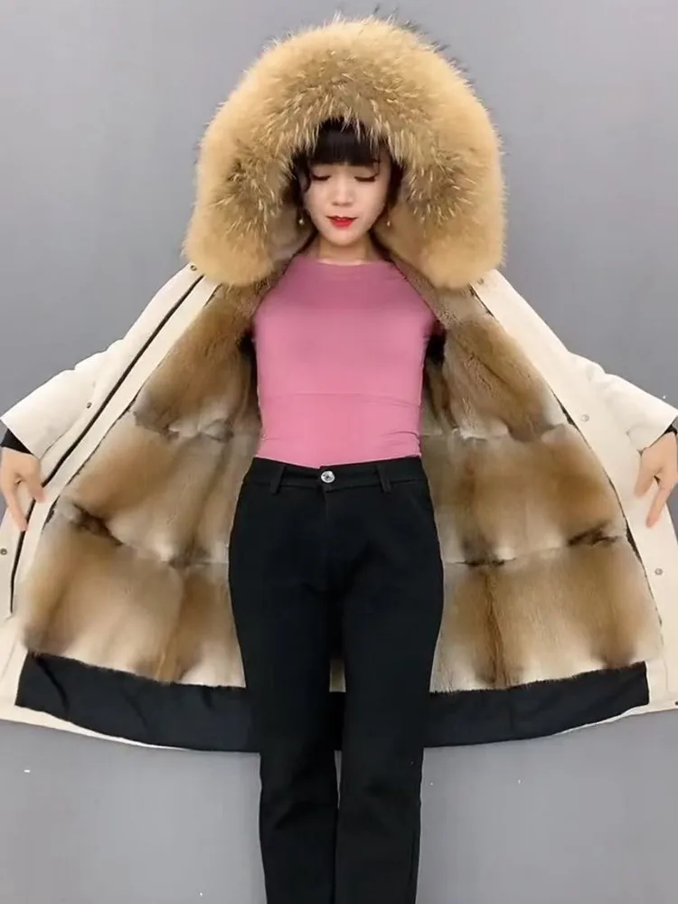 Señora cremallera forro interior desmontable piel de mapache Real abrigo largo cuello ajustado abrigo invierno grueso cálido abrigo largo señoras