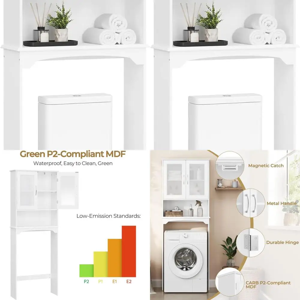 

Шкаф для хранения над унитазом с двойными стеклянными дверцами, регулируемыми полками, отдельно стоящий, для ванной комнаты