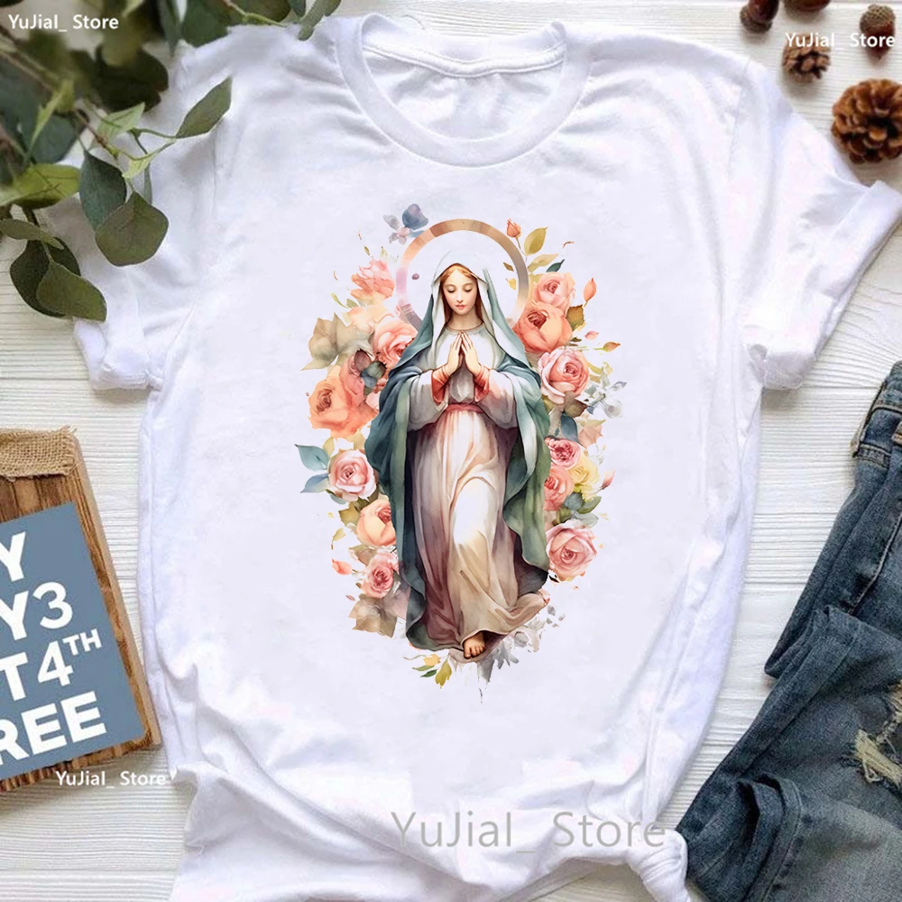 2024 Watercolor Lady Of Guadalupe Flowers Print Tshirt Women Summer Fashion Tops Tee Shirt Femme Faith White T Shirt Female