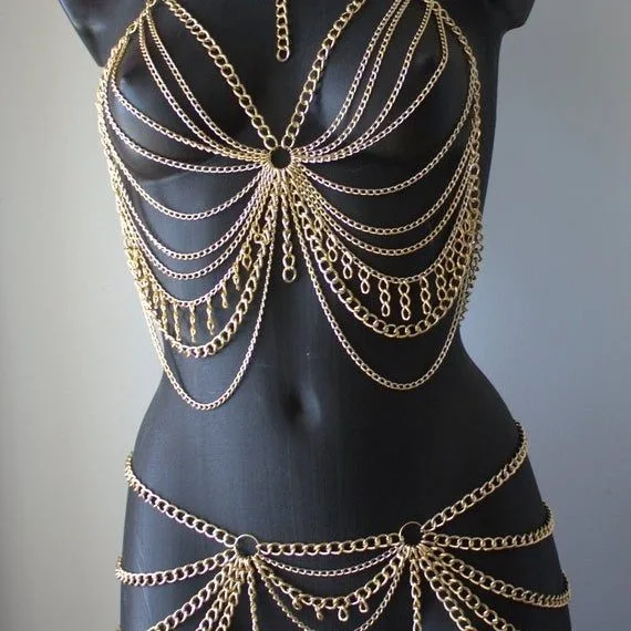 

European and American jewelry, a set of full-body chest chains and waist split body three-color optional
