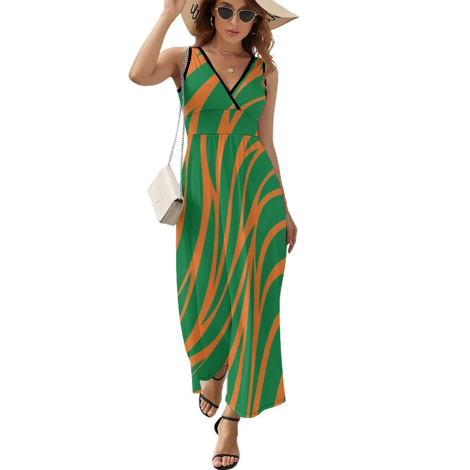 

Orange and Green Wavy Rattler Pattern Sleeveless Dress women's clothing korea stylish dress summer