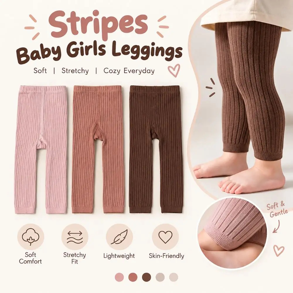 New Stripes Girls Leggings Ribbed Knit Solid Toddler Leggings Elastic Waistband Ribbed Leggings Ankle-Length Pants