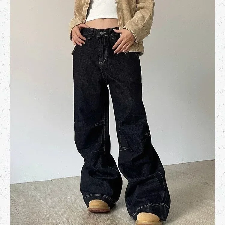 Grunge Y2k Black Jeans Women Vintage Oversized High Street Cargo Denim Trousers Wide Casual Baggy Straight Denim Pants