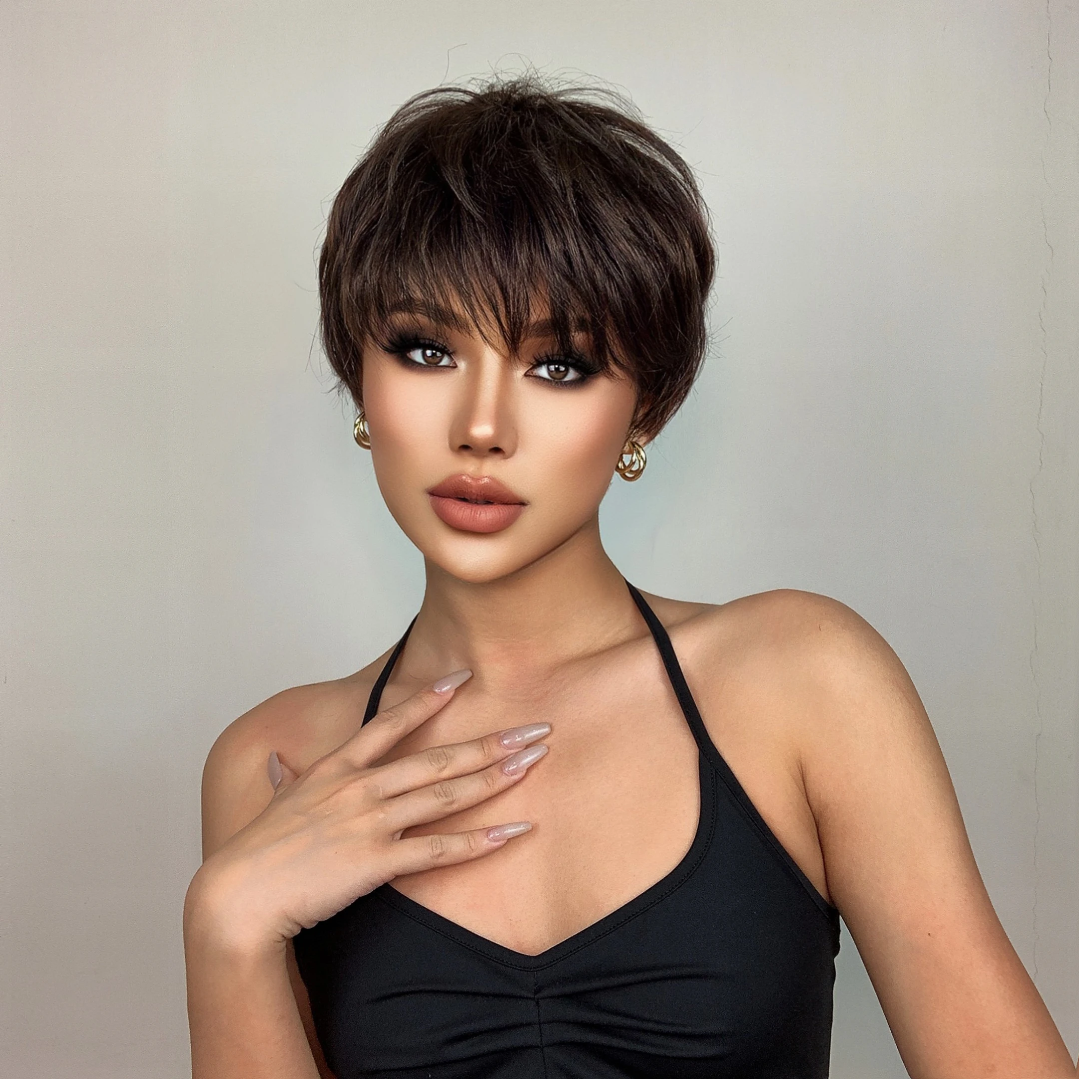 HENRY MARGU Short Brown Dark Synthetic Wigs Black Natural Fluffy Pixie Cut Wig for Black Women Wig Heat Resistant Wigs Daily Use