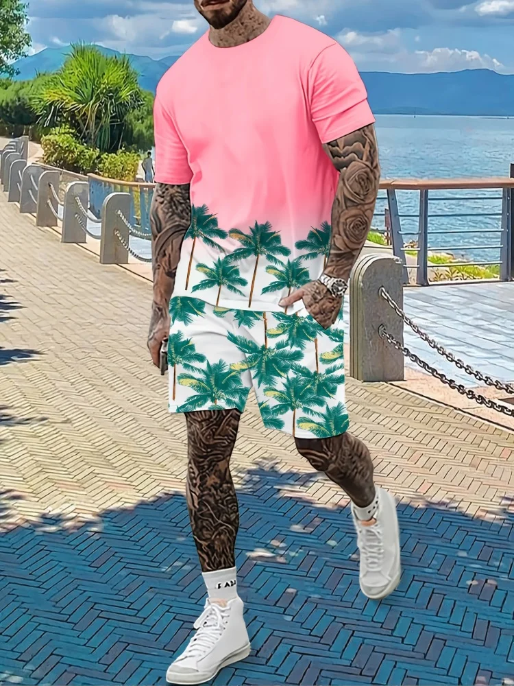 Hawaiian Style Printed Men's T-shirt Shorts Set Summer Casual Everyday Men's Short Sleeve Top Outdoor Vacation Men's Beach Short