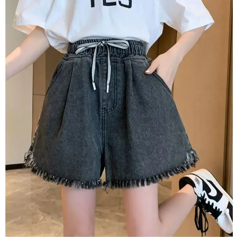 Big Size Denim Shorts Summer Thin Section Leg Wide Loose Tight High Waist Female Students Fattening Women Tassel Wide