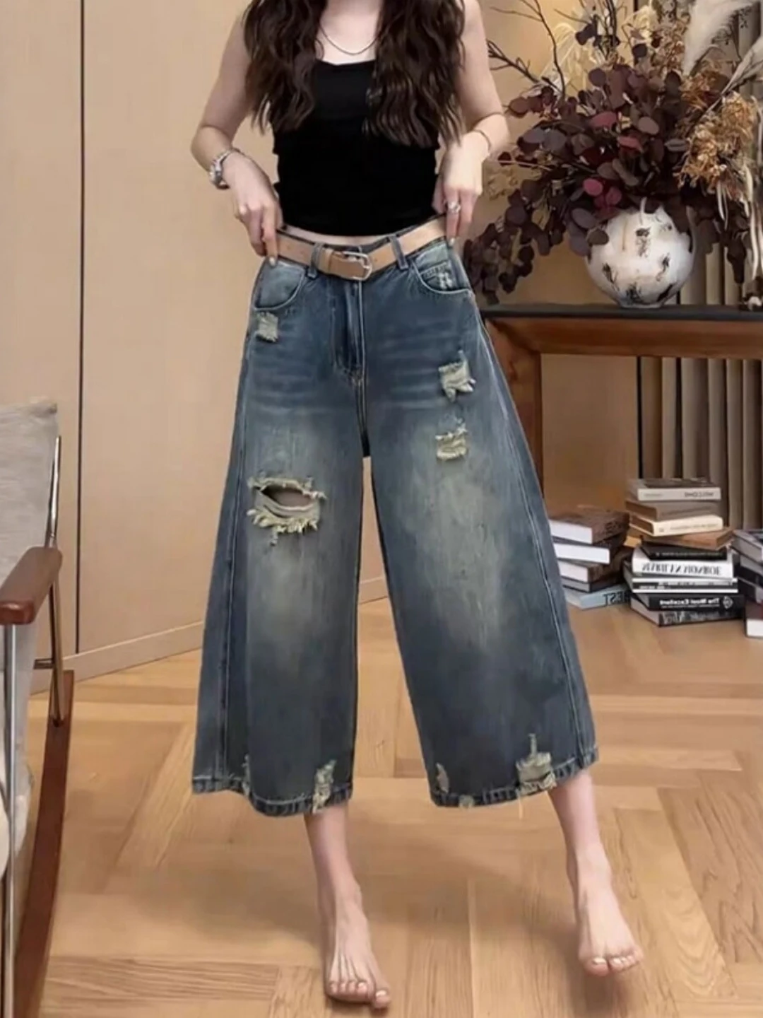 

Retro Hole Eighteen Jeans Women Summer plus Size Loose High Waist Slim Straight Leg Wide Leg Pants Commute Style High Waist