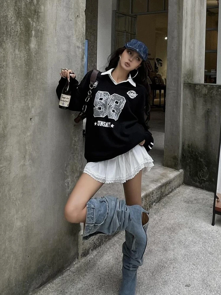 

Oversize V-Neck Embroidered Sweatshirt Women's Autumn Winter New Fashion Thin Fleece-Lined Street Style Trendy Long Sleeve Top