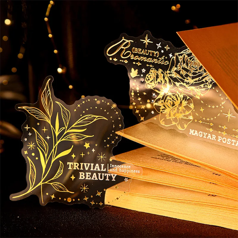 10 PCS/Pack Sparkle In The Dark Series PET Stickers, Gold & Silver Foil Stamping Base Materials for Journal Collage Decoration