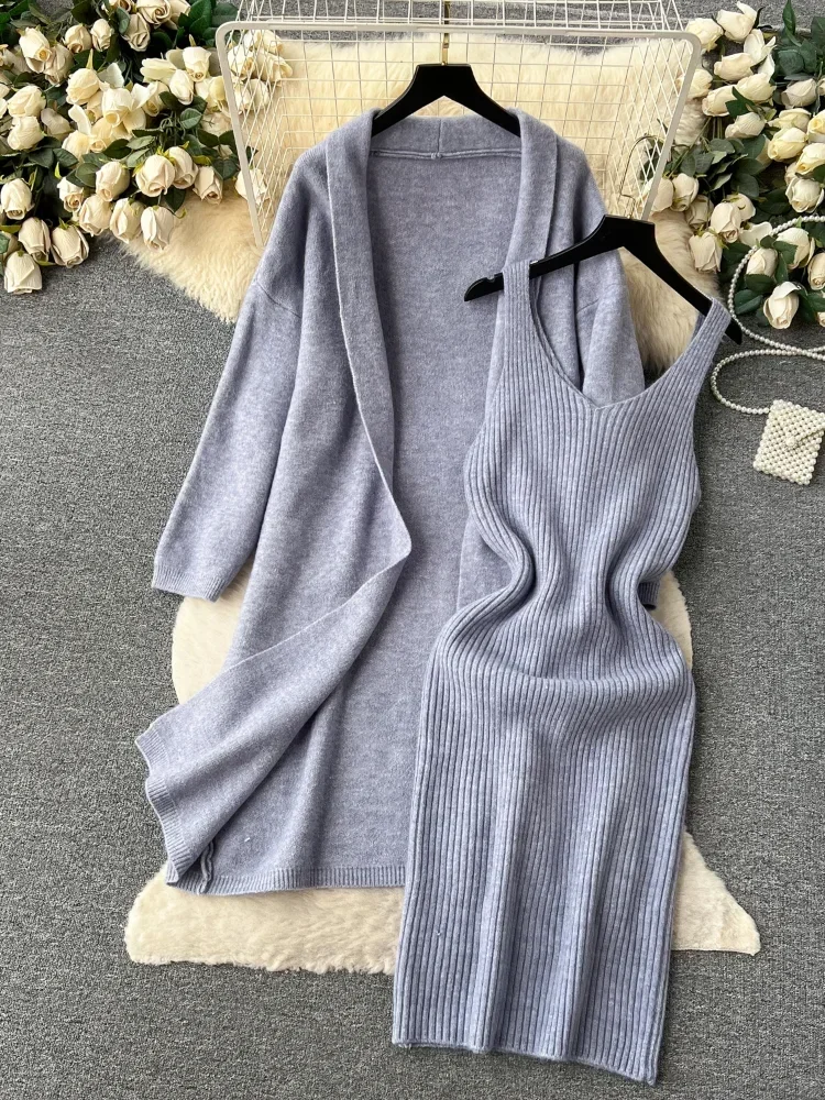 Autumn New Korean Style Fashion 2 Piece Set Women Strap Knit Dress + Loose Long Cardigan Female Thick Warm Sweater Knitted Suits