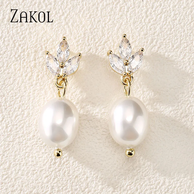 ZAKOL Simple Leaf Cubic Zircon Drop Earrings for Women Fashion Imitation Pearls Bridal Earring Wedding Jewelry EP5377