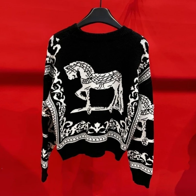 Horse Luxury Brand Designer 2024 Autumn Winter Knit Pullover Sweater For Women Knitwears Vintage Pull Tops Christmas Clothes