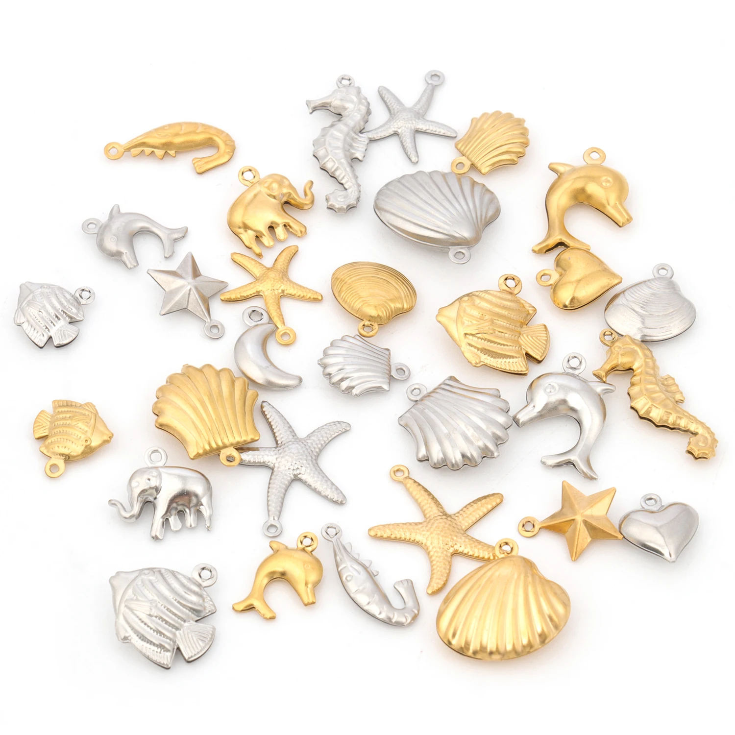 5pcs/Lot Stainless Steel Gold Color Marine Animals Dolphin Shell Starfish Elephant Moon Star Charm Pendant For Jewelry Making