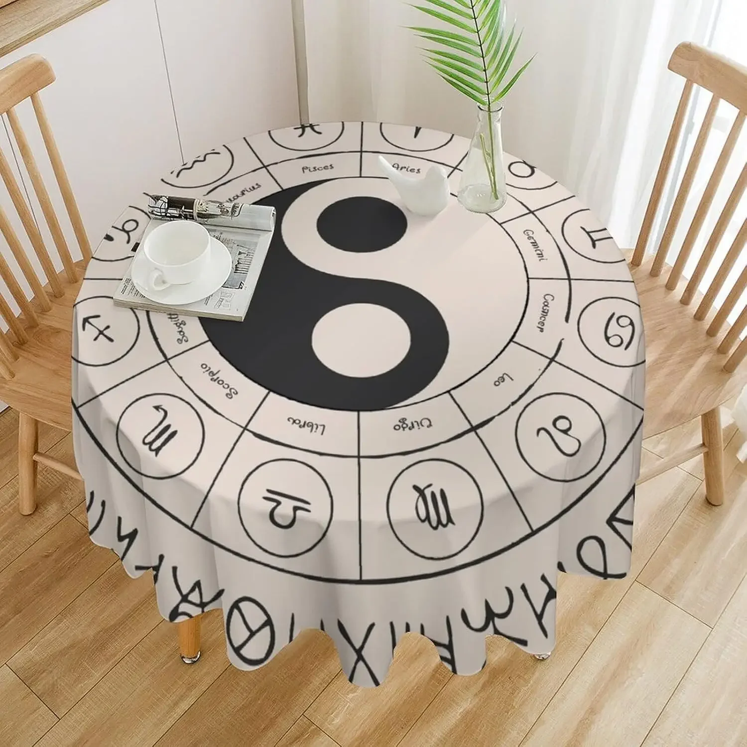 Zodiac Yin Yang Magic Circle Tablecloth - Retro Oriental Symbol Beige Kitchen Diner Cover