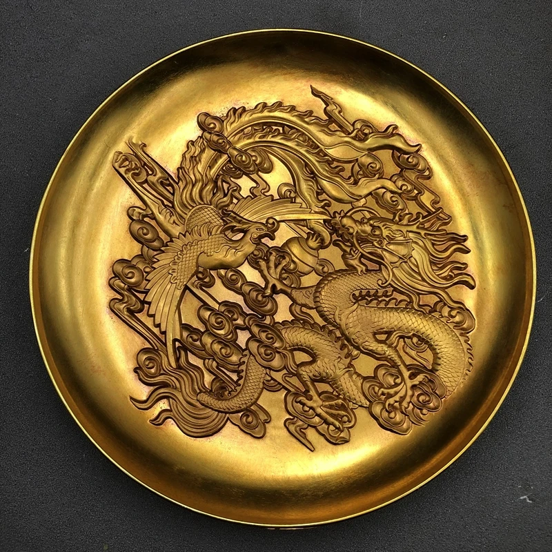 

Antique copper plate, dragon and phoenix plate, large home craft ornament, gilt dragon and phoenix plate, antique bronze ware