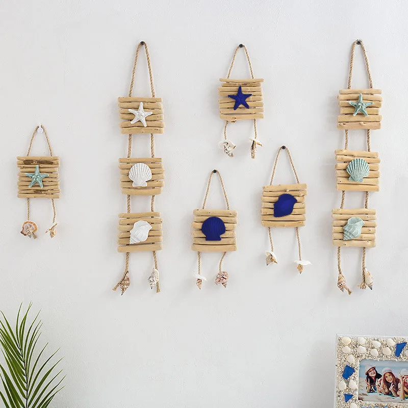 Mediterranean Home Wall Hangings Driftwood Pendant Decor Log Stitching Starfish Conch Scallop Accessories Retro Pendant