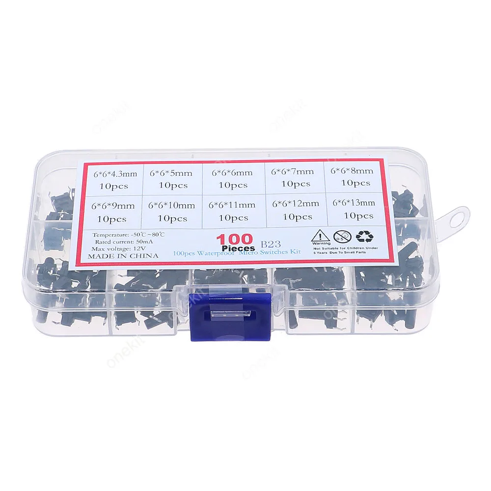 100pcs 10Vmodels 6x6mm 4.3mm-13mm Waterproof Tact Switch Induction Cooker Button Copper Foot Dustproof Micro Switch Assorted Kit