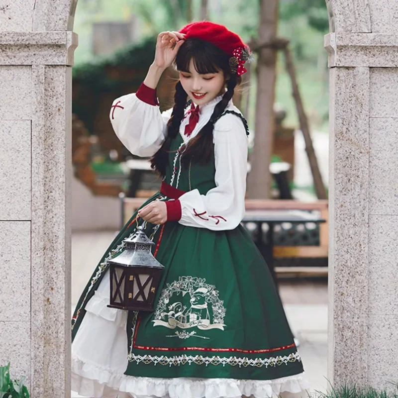 FC6Autumn/Winter Lolita OP Sweet Fake Two-piece Set With Bow Lace Elk Snowmen Embroidery Christmas Eve Kawaii Dress Fluffy @FC8！